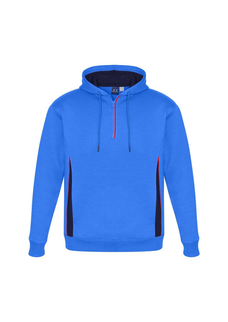 A blue unisex hoodie features a front zipper, with black and red accents along the sides and a logo on the chest.