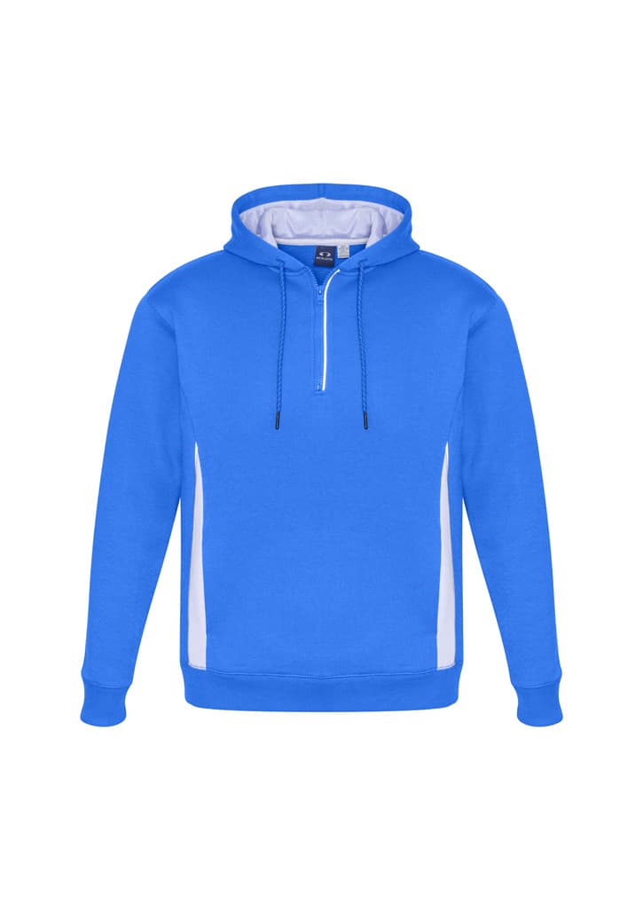 A blue unisex hoodie with a white side design and a front zip. It has a hood and a logo on it.