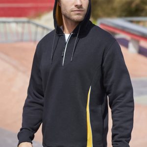 A black unisex hoodie with a yellow side panel and a drawstring hood, featuring a branded logo.