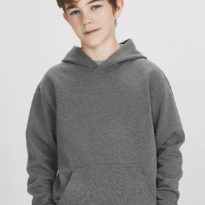 A grey kids' hoodie featuring a front pocket and a hood, suitable for casual wear. It includes a logo.