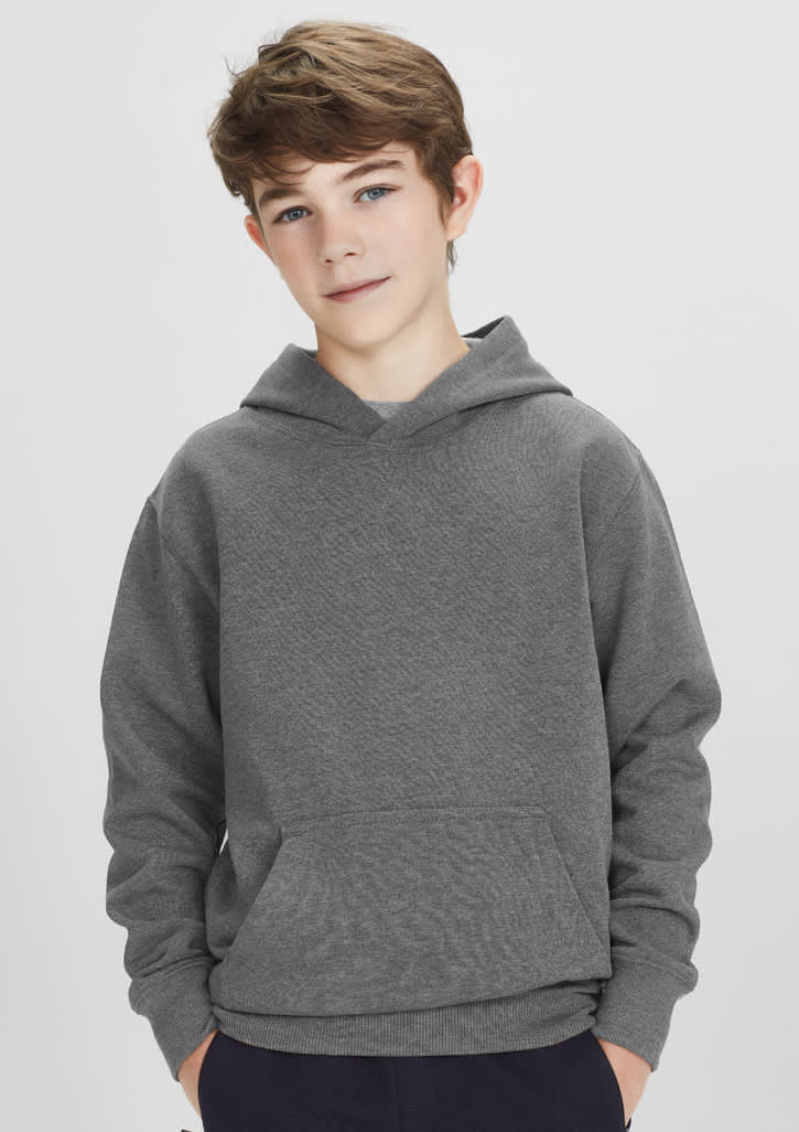 A grey kids' hoodie featuring a front pocket and a hood, suitable for casual wear. It includes a logo.