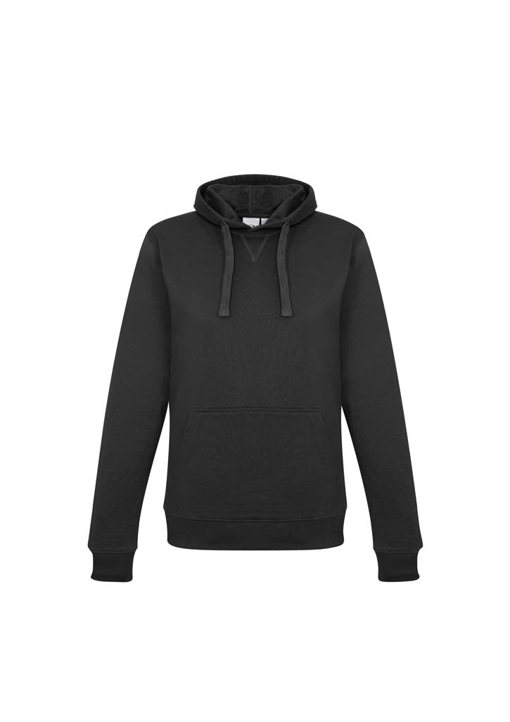 A women's crew hoodie in black with a kangaroo pocket, featuring a hood and ribbed cuffs.