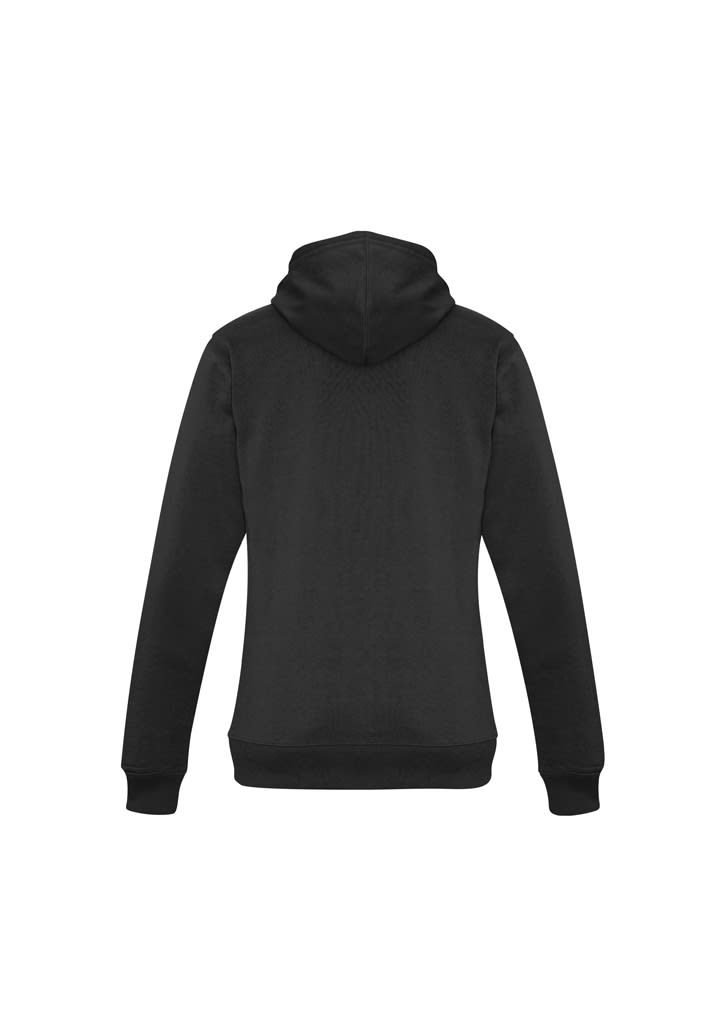 A black women's crew hoodie featuring a cozy design with a hood and long sleeves. It includes a logo on the garment.
