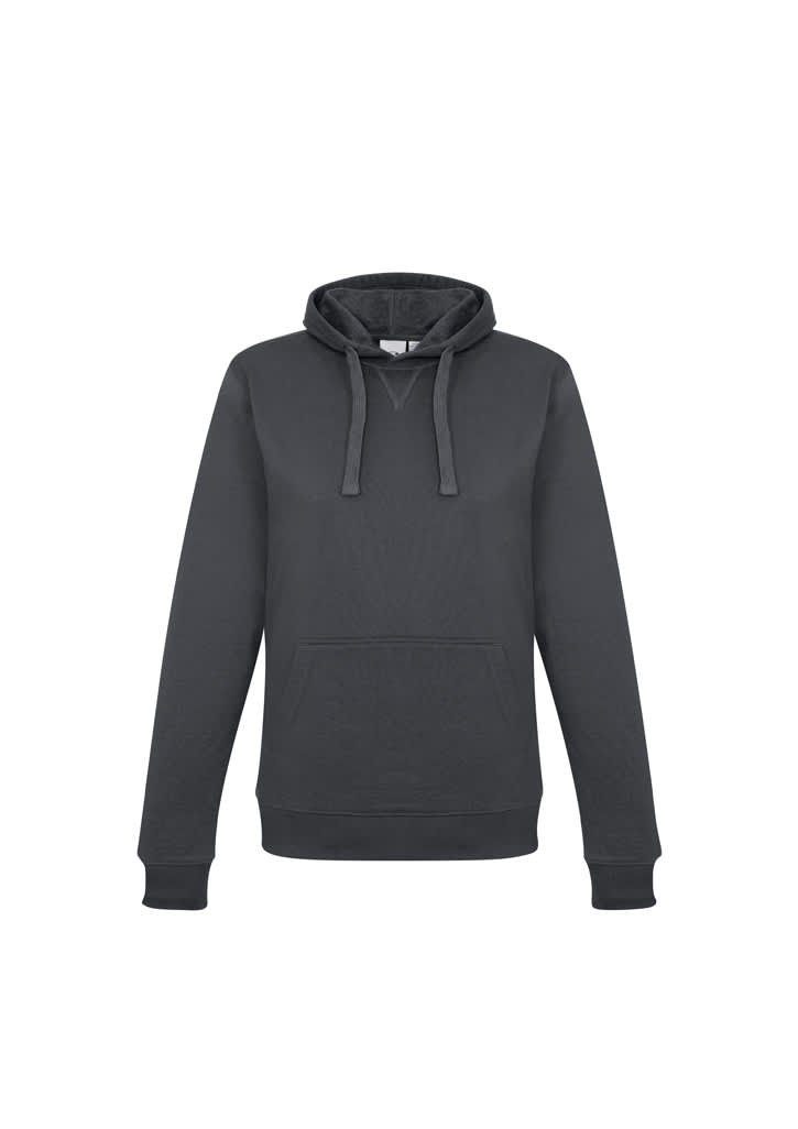 A grey women's crew hoodie with a front pocket and a drawstring hood, featuring a logo on the chest.