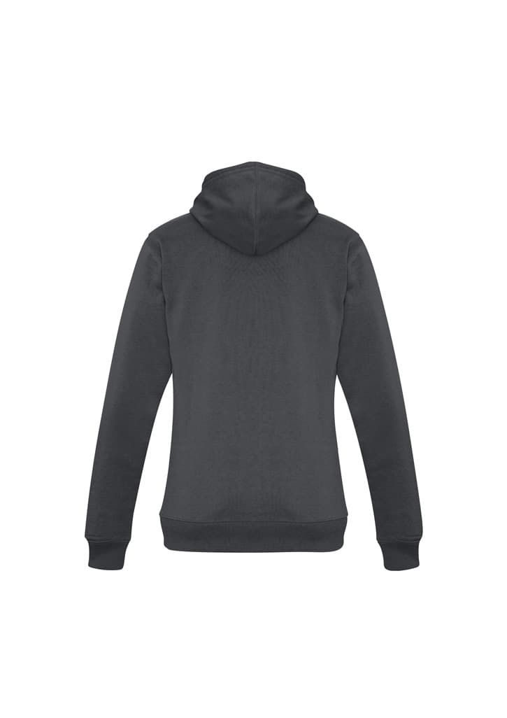 A dark grey women's crew hoodie with a hood and long sleeves, featuring a logo on the back.