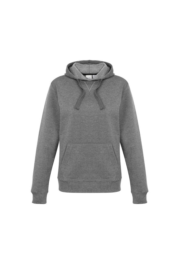 A women's crew hoodie in grey featuring a hood and front pocket, with a logo present.