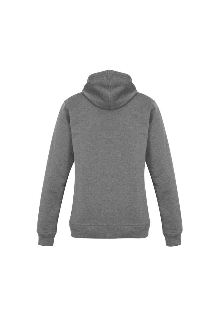 A grey women's crew hoodie featuring a hood and long sleeves, with a branded logo on the back.