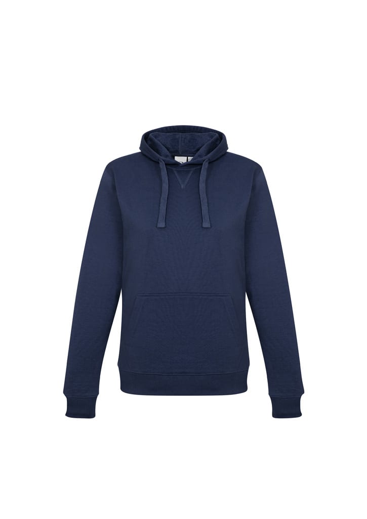 A navy women's crew hoodie featuring a front pocket and a drawstring hood, with a logo on it.