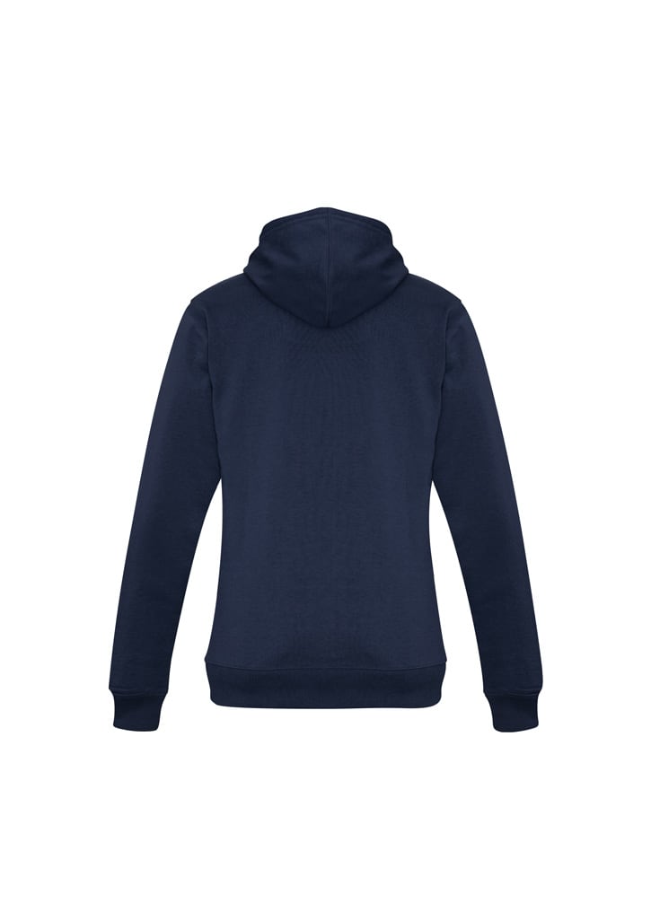 A navy women's crew hoodie featuring a hood and long sleeves, with a logo on the back.