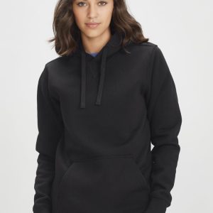 A black women's crew hoodie with a front pocket and a hood, featuring a logo on the front.