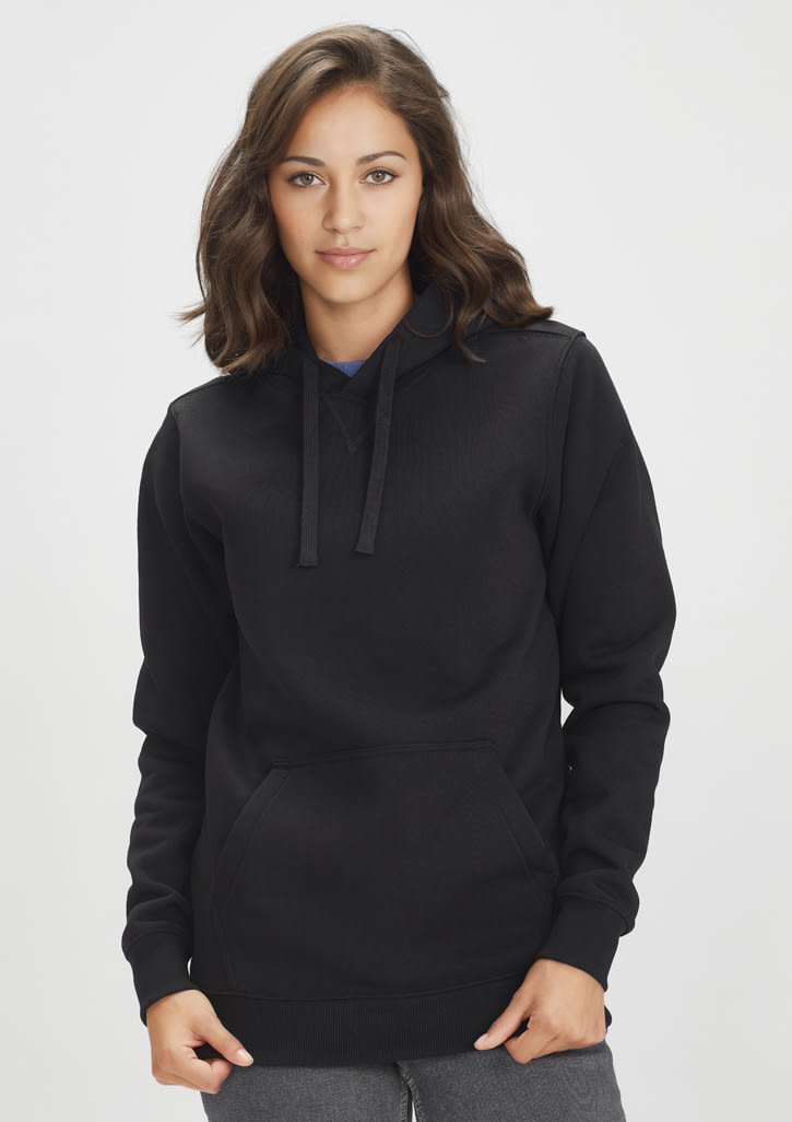 A black women's crew hoodie with a front pocket and a hood, featuring a logo on the front.