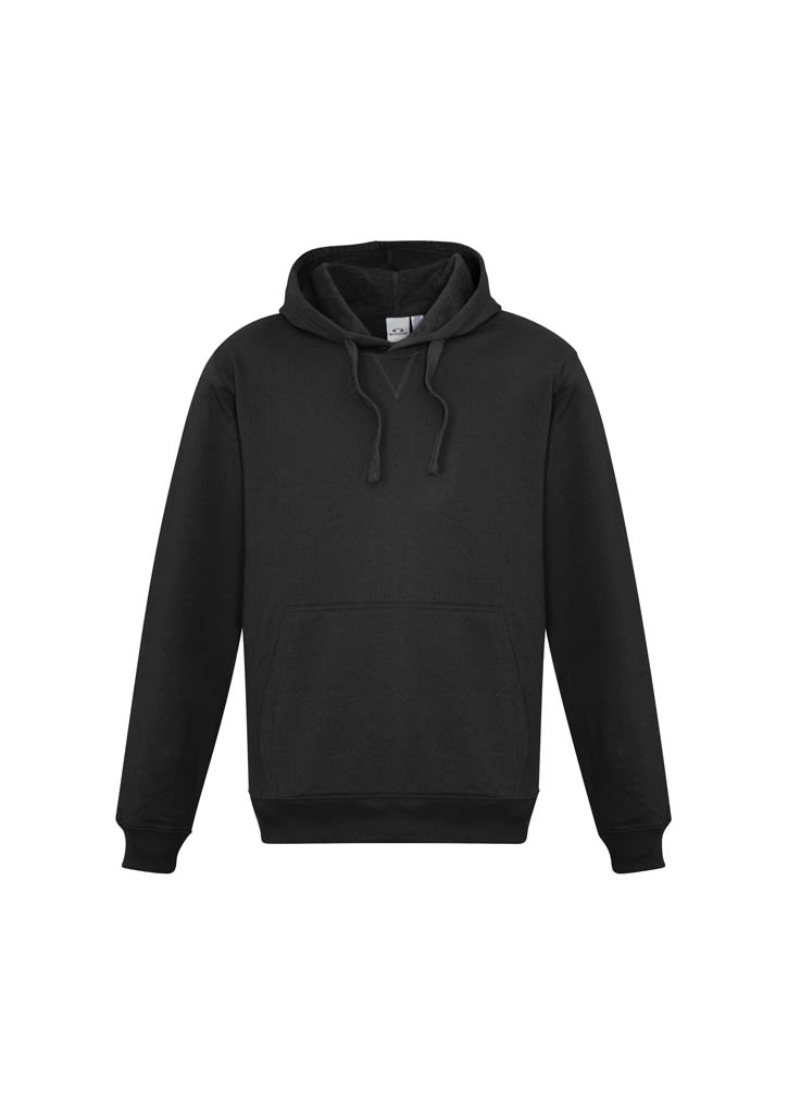 A black men's crew hoodie featuring a front pocket and a drawstring hood, with an unbranded design.