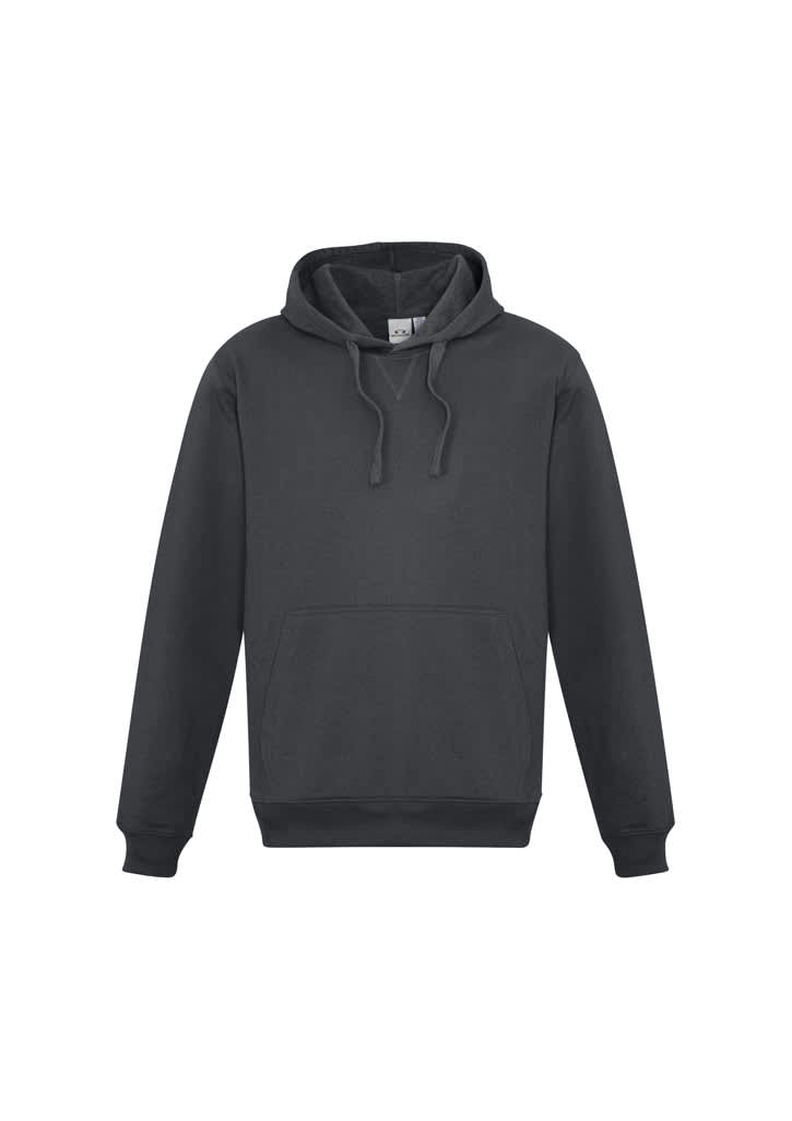 A dark grey men's crew hoodie with a front pocket and a hood, featuring a logo.