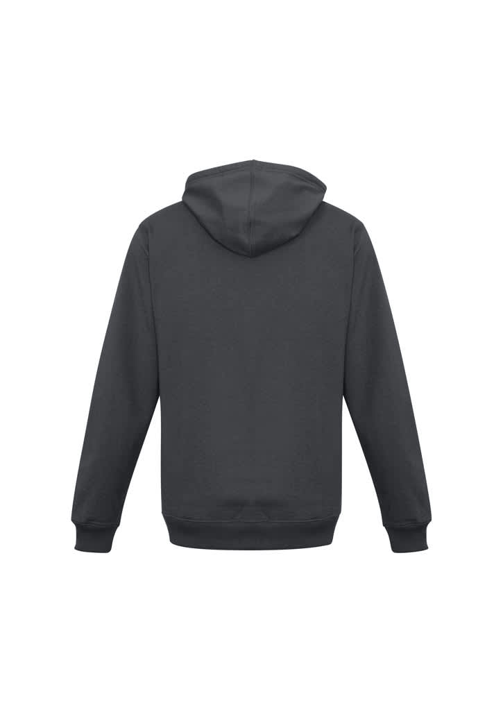 A dark grey men's crew hoodie with a hood and long sleeves, featuring a logo on the back.