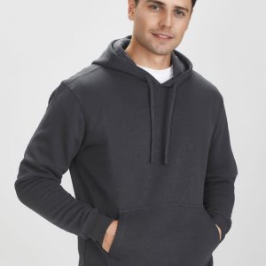 A men's crew hoodie in dark grey, featuring a front pocket and a hood. The model has a casual pose.