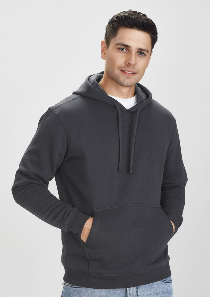 A men's crew hoodie in dark grey, featuring a front pocket and a hood. The model has a casual pose.
