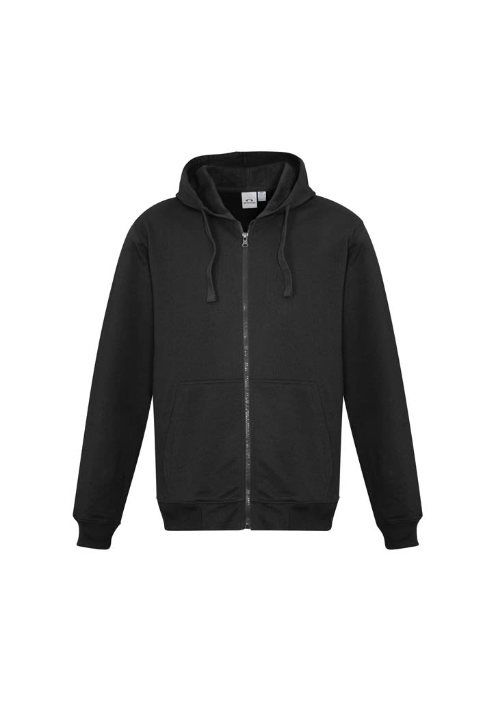 A black men's crew zip hoodie featuring a zip front and a hood. The hoodie has long sleeves and a logo on the front.