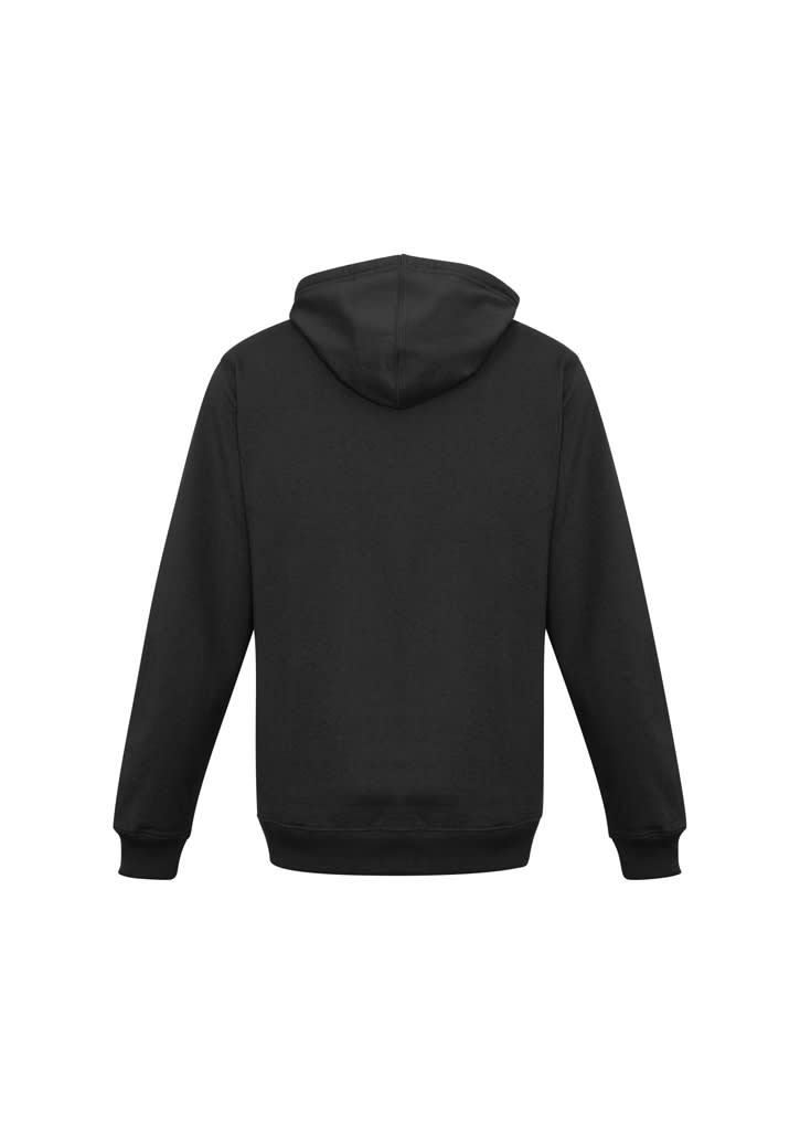 A black men's crew zip hoodie featuring a hood and long sleeves, with a logo on the back.