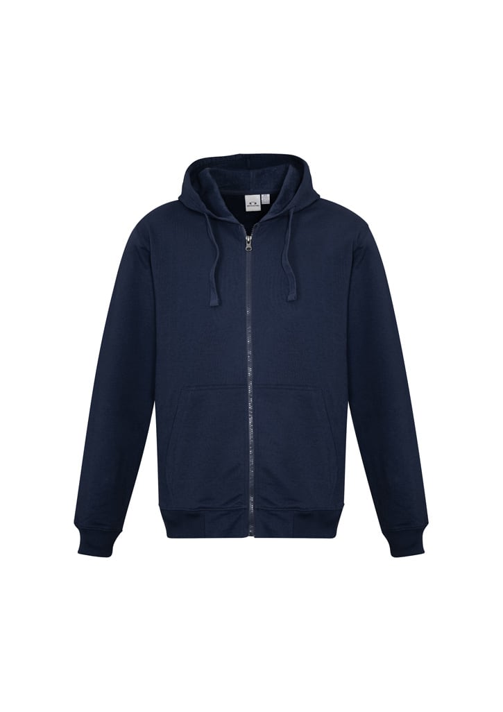 A navy blue men's crew zip hoodie with a hood and front pockets, featuring a logo on the chest.