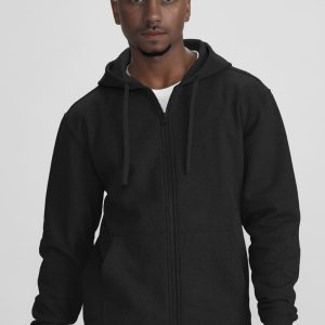 A black men's crew zip hoodie featuring a front zip and hood, displaying a casual style. It has a logo on it.