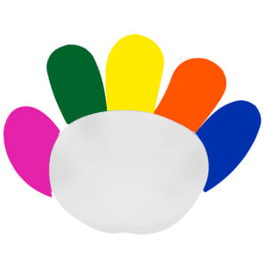 A highlighter in the shape of a hand with multicoloured tips: green, yellow, orange, blue, and pink. It has a white base.