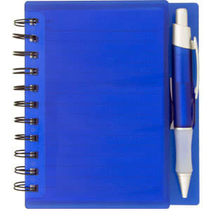 A blue notepad with a spiral binding and a matching blue pen. It features a solid cover.