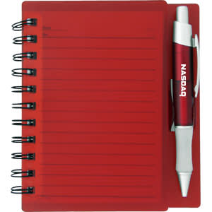 A red notepad with spiral binding and blank lined pages, accompanied by a silver and red pen.
