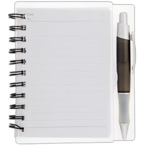 A notepad with lined pages and a pen attached, featuring a clear cover and a spiral binding.