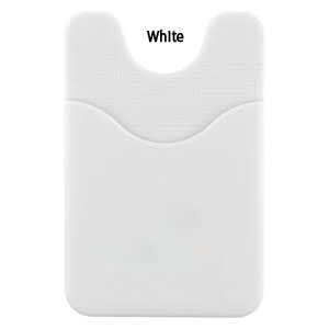 A white phone wallet with a textured finish and a cutout design at the top. It includes a logo.