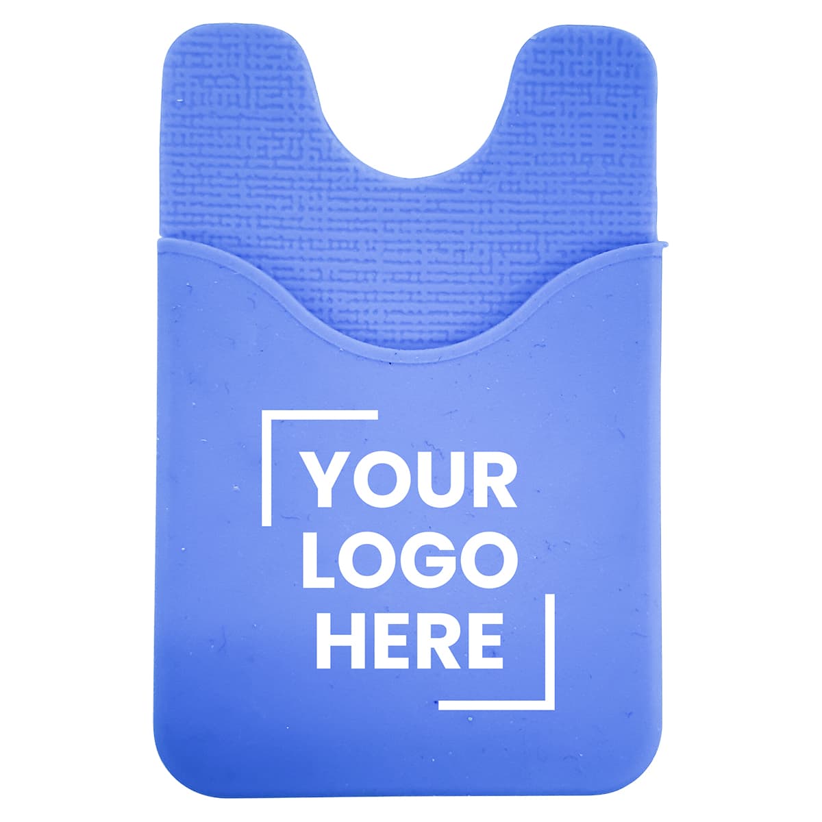 A blue phone wallet made of silicone, featuring a textured back and a placeholder for a logo.