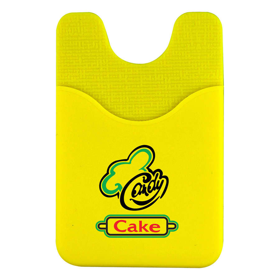A yellow phone wallet with a textured design and a logo featuring a chef's hat and the word 