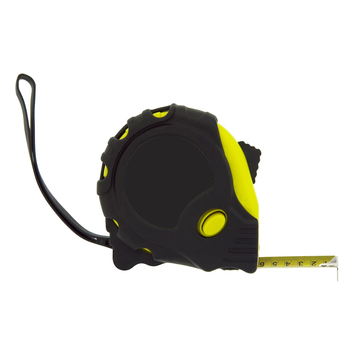 A tape measure with a black and yellow casing, featuring a retractable metal measuring tape.