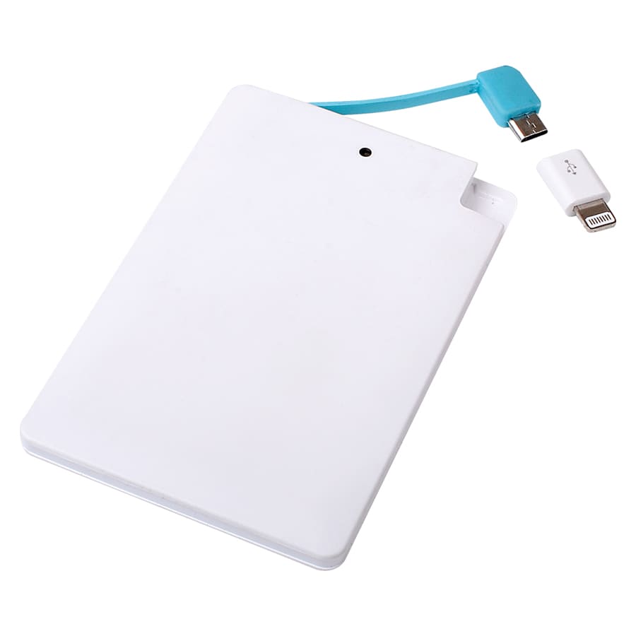 A white ultra slim power bank with a blue connecting cable and detachable charging tip.