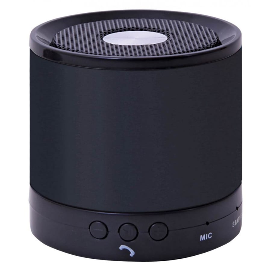A compact black speaker featuring a mesh top and control buttons on the front. It has a sleek cylindrical design.