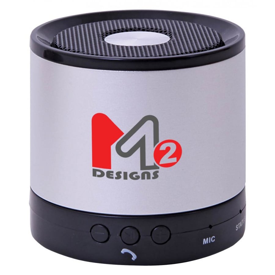 A silver portable speaker with a black base, featuring a logo and control buttons.
