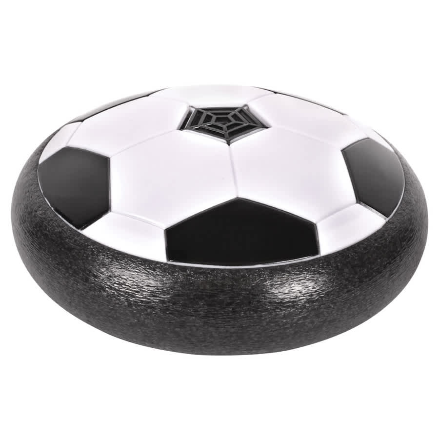 A black and white hover soccer ball with a smooth surface, designed as a novelty item for fun and games.
