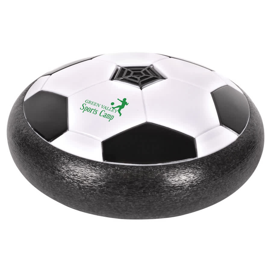 A black and white hover soccer ball with a logo on its surface, designed for fun and games.