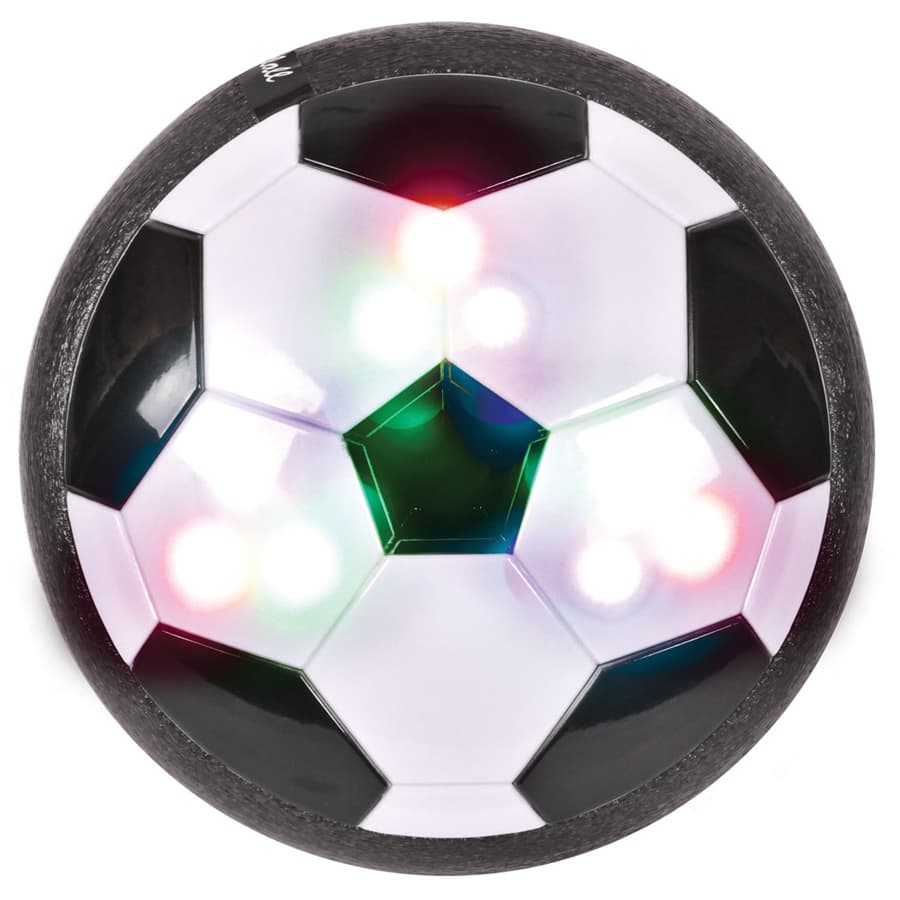 A hover soccer ball featuring a black and white design with colourful LED lights embedded. It has a logo.
