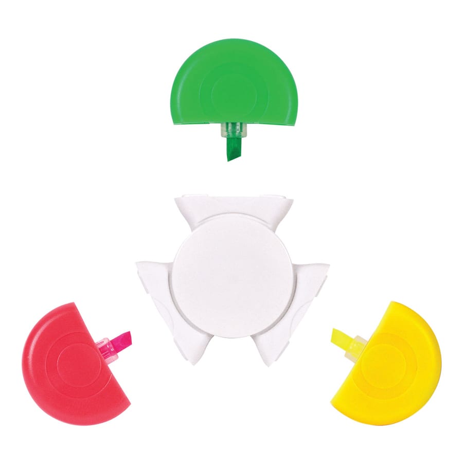 A set of four highlighters in green, red, yellow, and a white base, with a circular design. The product features a logo.