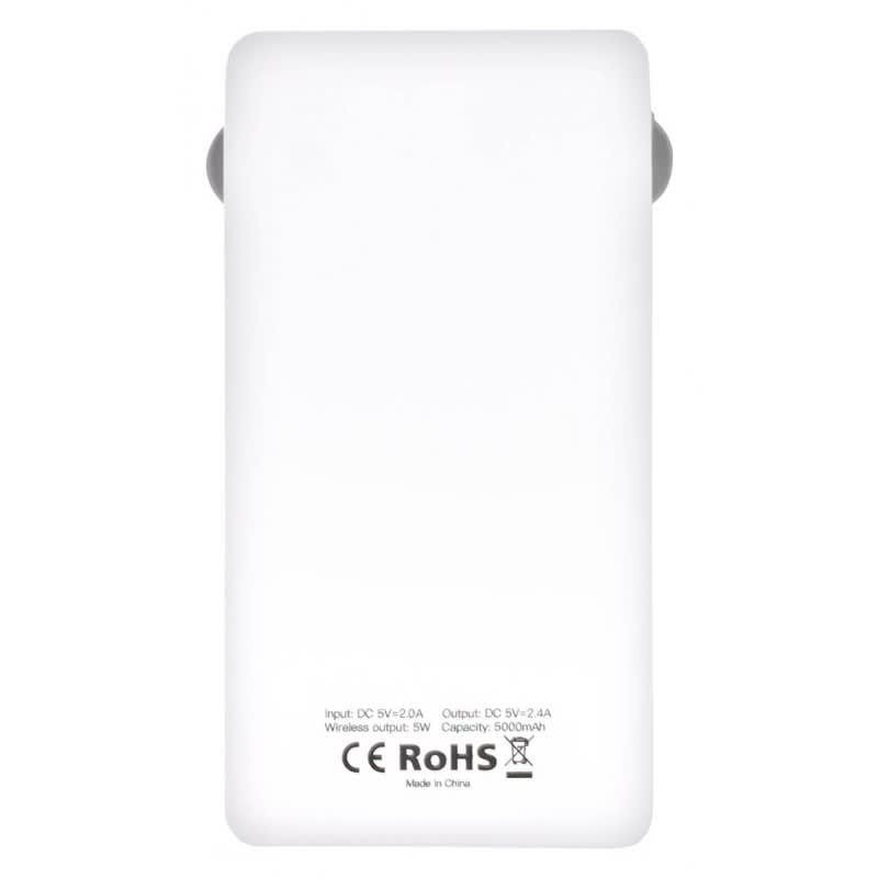 A white power bank with a capacity of 5,000 mAh, featuring a logo and smooth surface design.