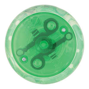A green LED light-up yo-yo with a translucent design and a central axle visible from the top view.