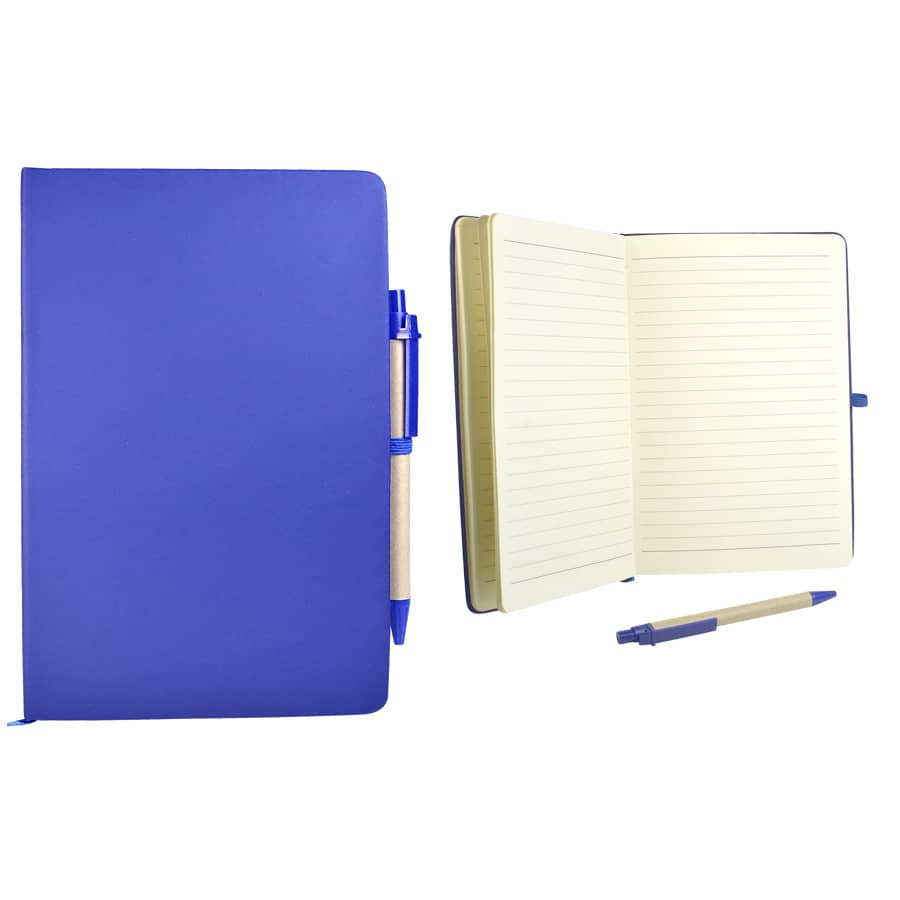 A blue recycled notebook with a matching pen, featuring lined pages and a closure band.