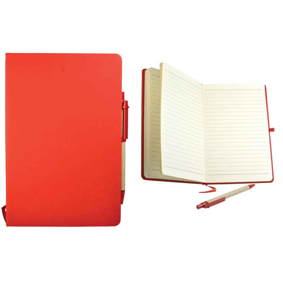 A red recycled notebook with a pen, featuring lined pages and a sleek cover. It also includes a branding logo.