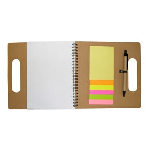 A recycled notebook with a brown cover, white pages, sticky notes in yellow, pink, and orange, and a pen.