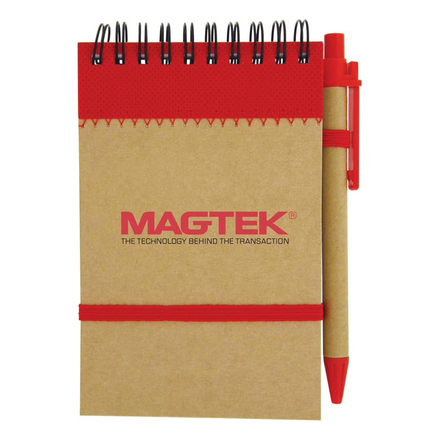 A brown recycled jotter pad with a red spiral binding and a matching red pen attached. Features a logo on the cover.