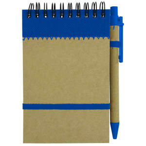 A recycled jotter pad in brown with a blue elastic band and a matching blue pen attached. It features a wire spiral binding.
