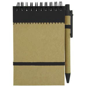 A recycled jotter pad in brown with a black spiral binding and a matching black pen attached.