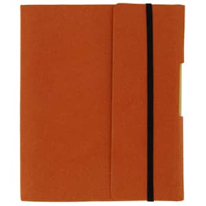 An orange small tuck journal book with a black elastic band, featuring a textured cover and a pocket.
