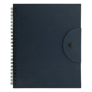 A navy blue spiral-bound notebook with a button closure and a smooth cover. It features a logo on the front.