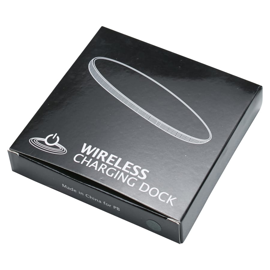 A black packaging box for a wireless charging dock, featuring a simple design and a logo.